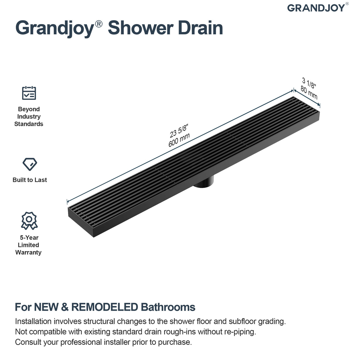 24-Inch Linear Shower Drain with Anti-Odor Core and Hair Catcher
