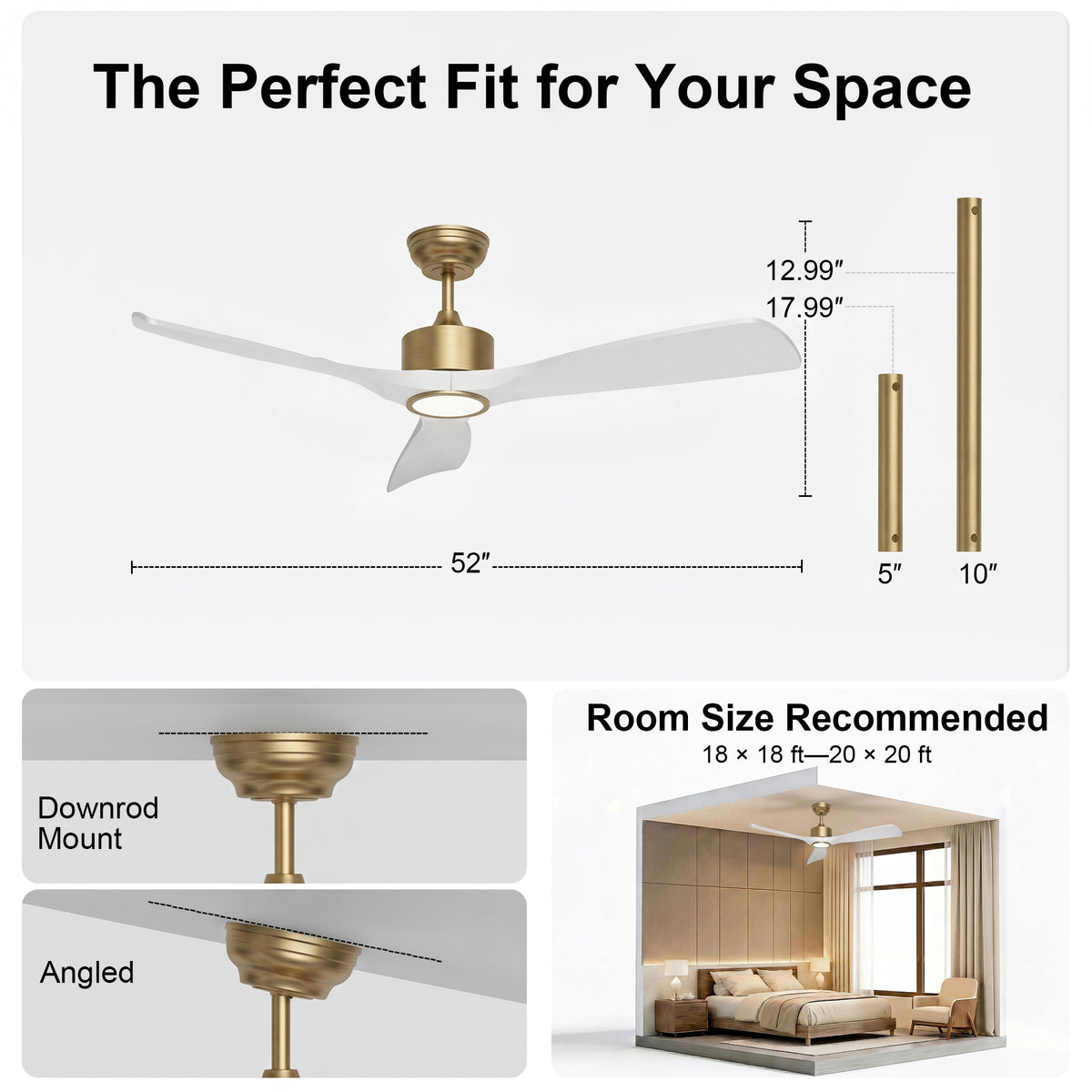 52-Inch Downrod Mount 3-Blade Ceiling Fan with Light and Remote Control