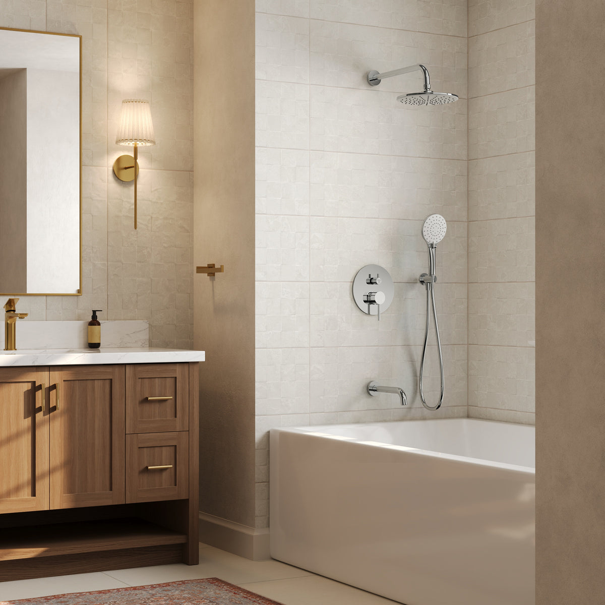 Round Wall-Mounted Shower System with Handheld and Tub Spout