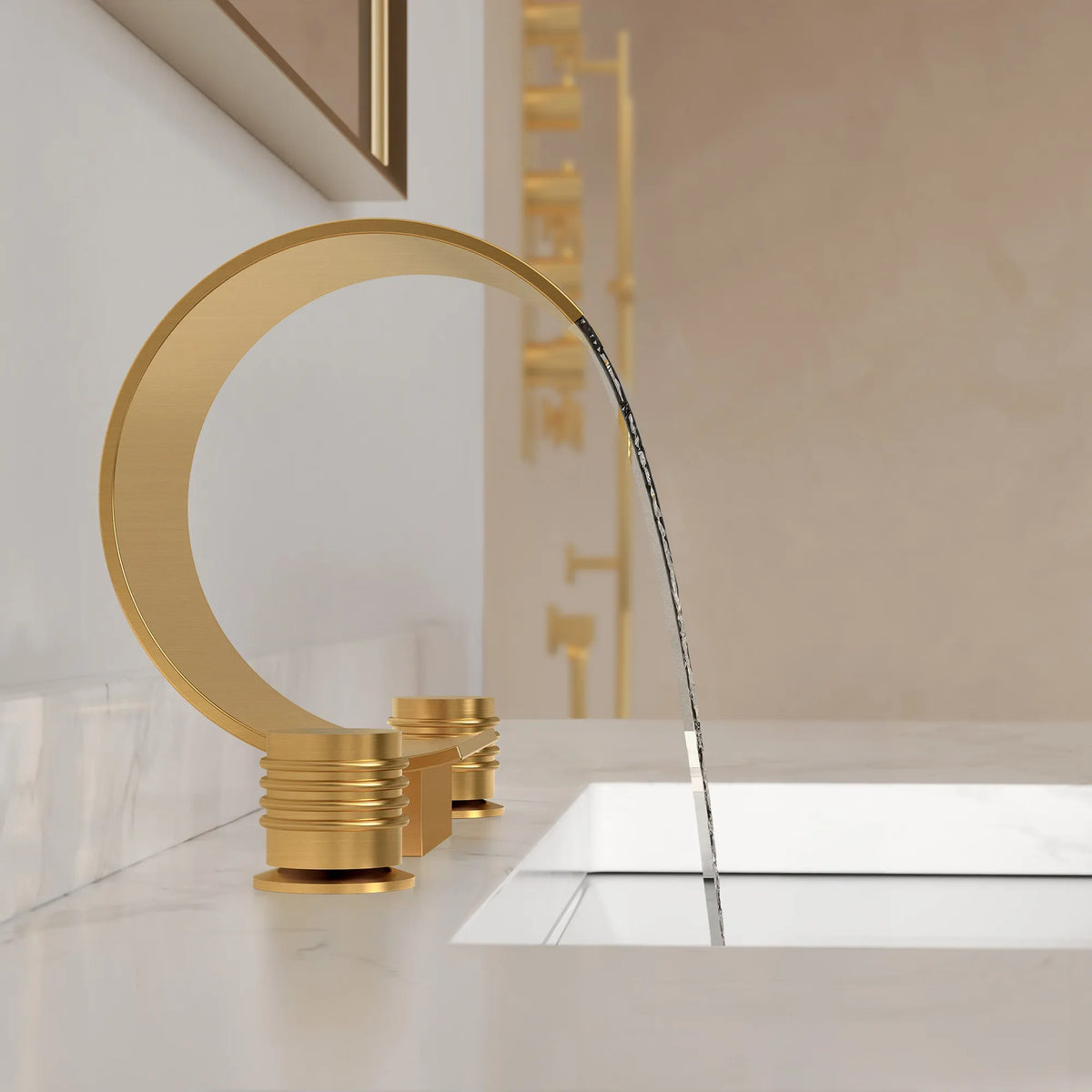 Two-Handle Waterfall Widespread Bathroom Sink Faucet With Pop-Up Drain