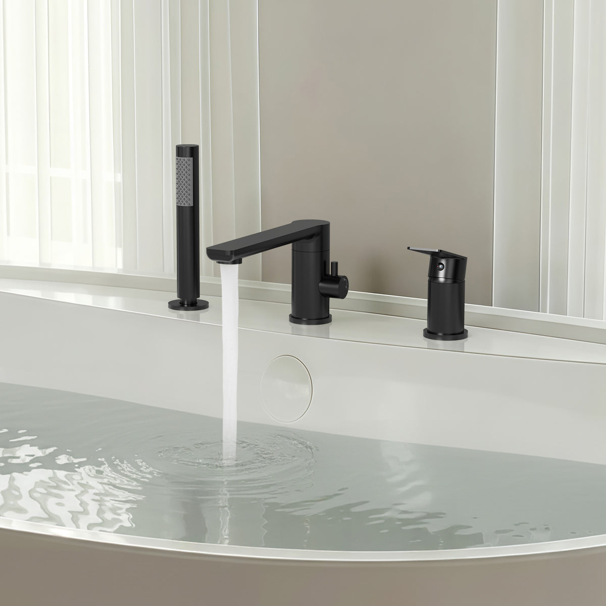 Low-Arc Deck-Mounted Bathtub Faucet with Hand Shower and Swivel Spout