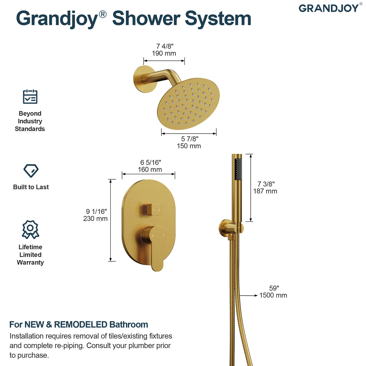 Round Wall-Mounted Rain Shower System with Handheld Spray