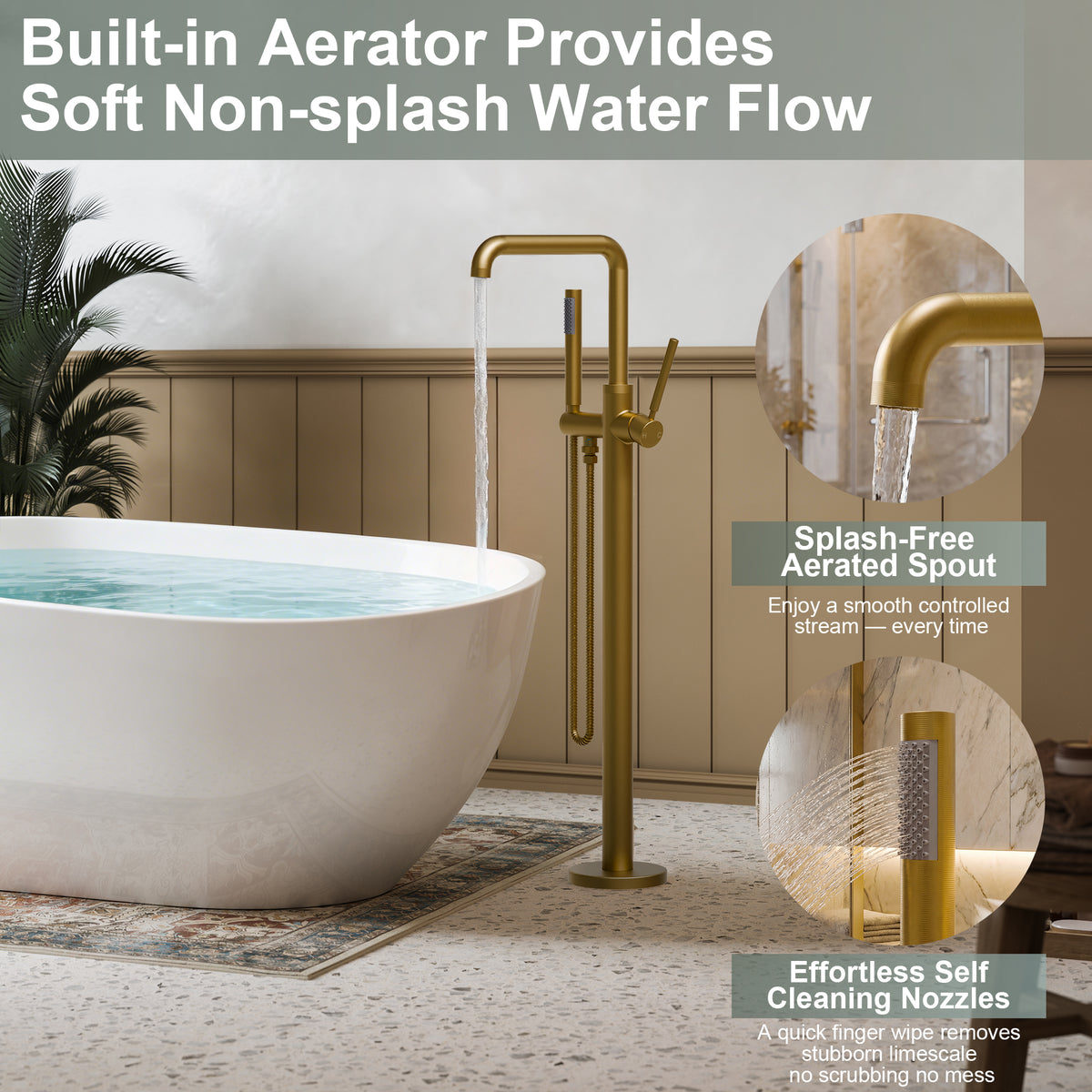 Floor-Mounted Bathtub Faucet with Swivel Spout and Hand Shower