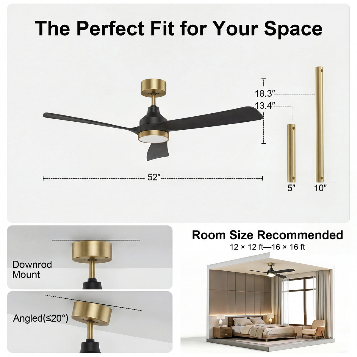 52-Inch Downrod Mount 3-Blade Ceiling Fan with Light and Remote Control