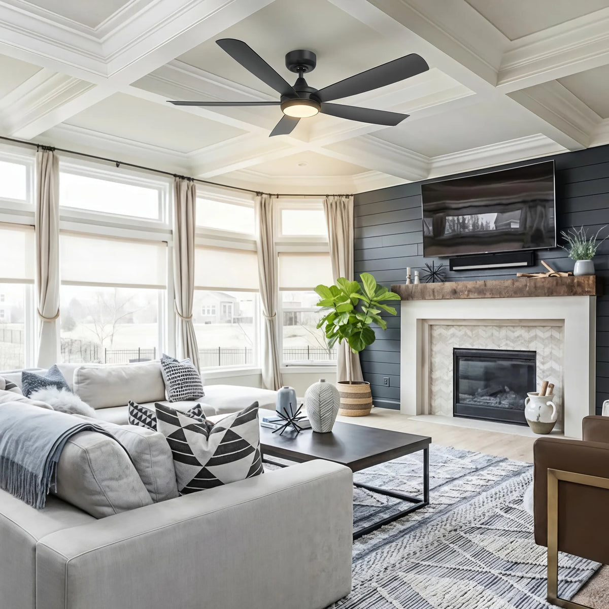 52-Inch Flush Mount 5-Blade Ceiling Fan with Light and Smart Control