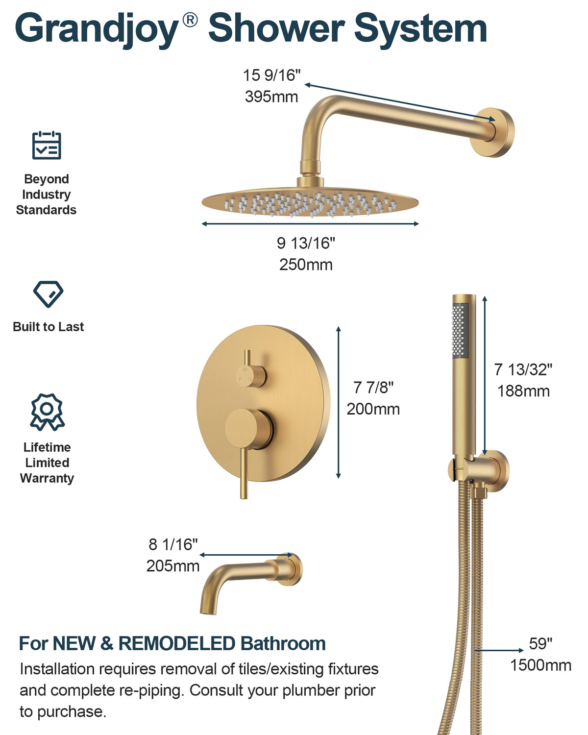 Round Wall-Mounted Rain Shower System with Handheld and Tub Spout