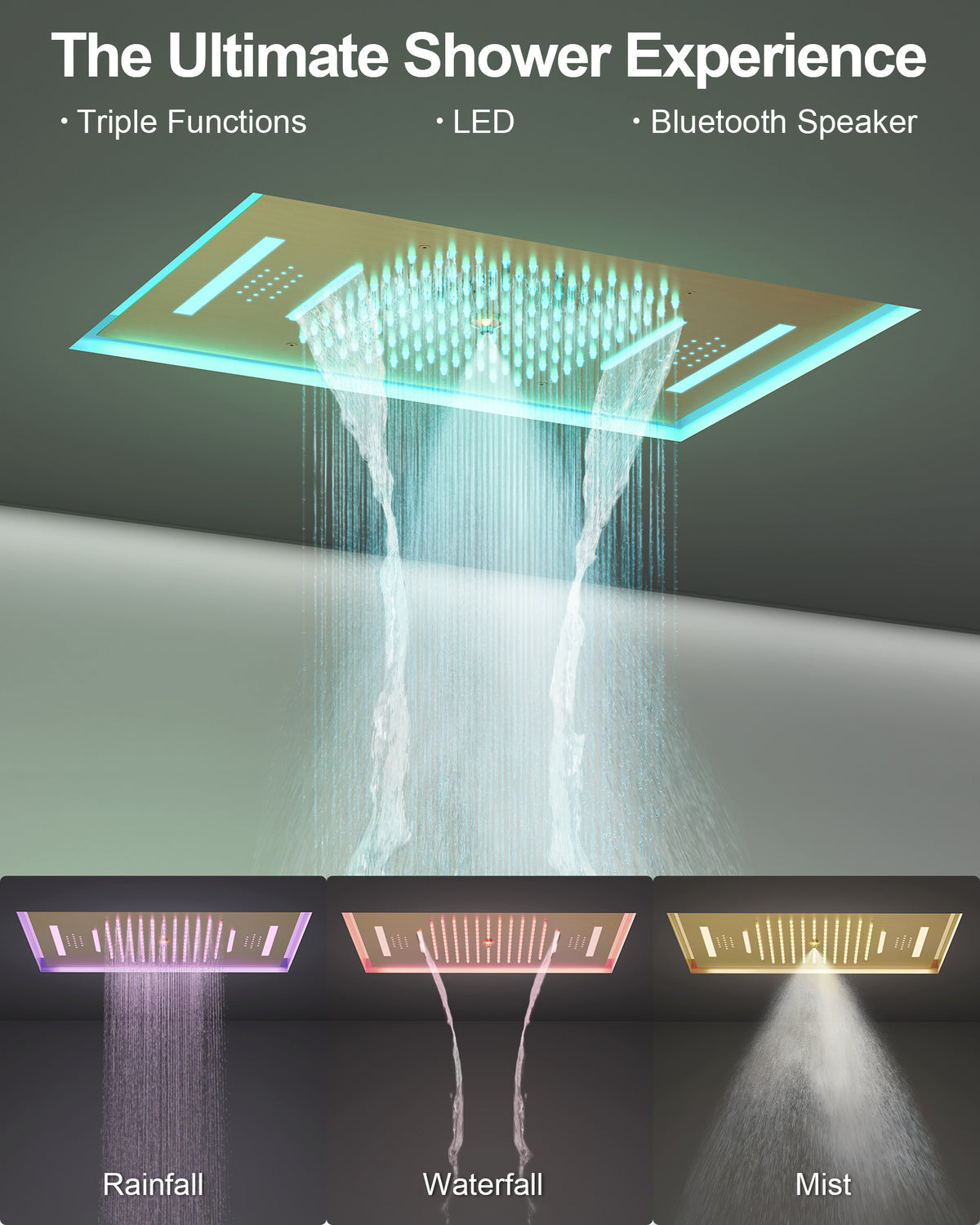 LED Bluetooth Ceiling-Mounted Thermostatic Shower System with Dual Heads