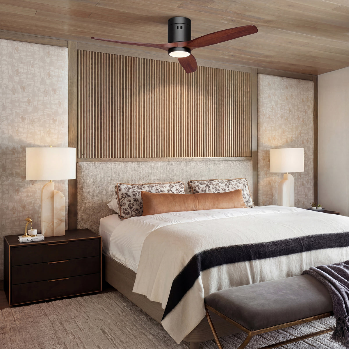 52-Inch Flush-Mount 3-Blade Ceiling Fan with Light, Wall Control and Remote
