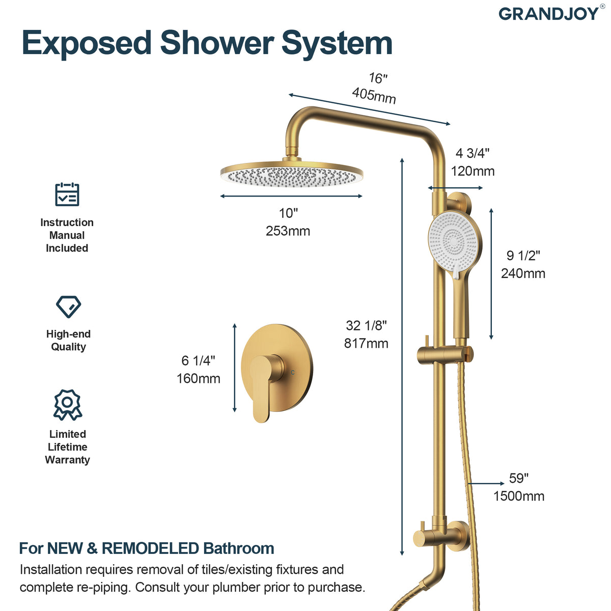 Exposed Pressure-Balanced Rain Shower System with Handheld Spray