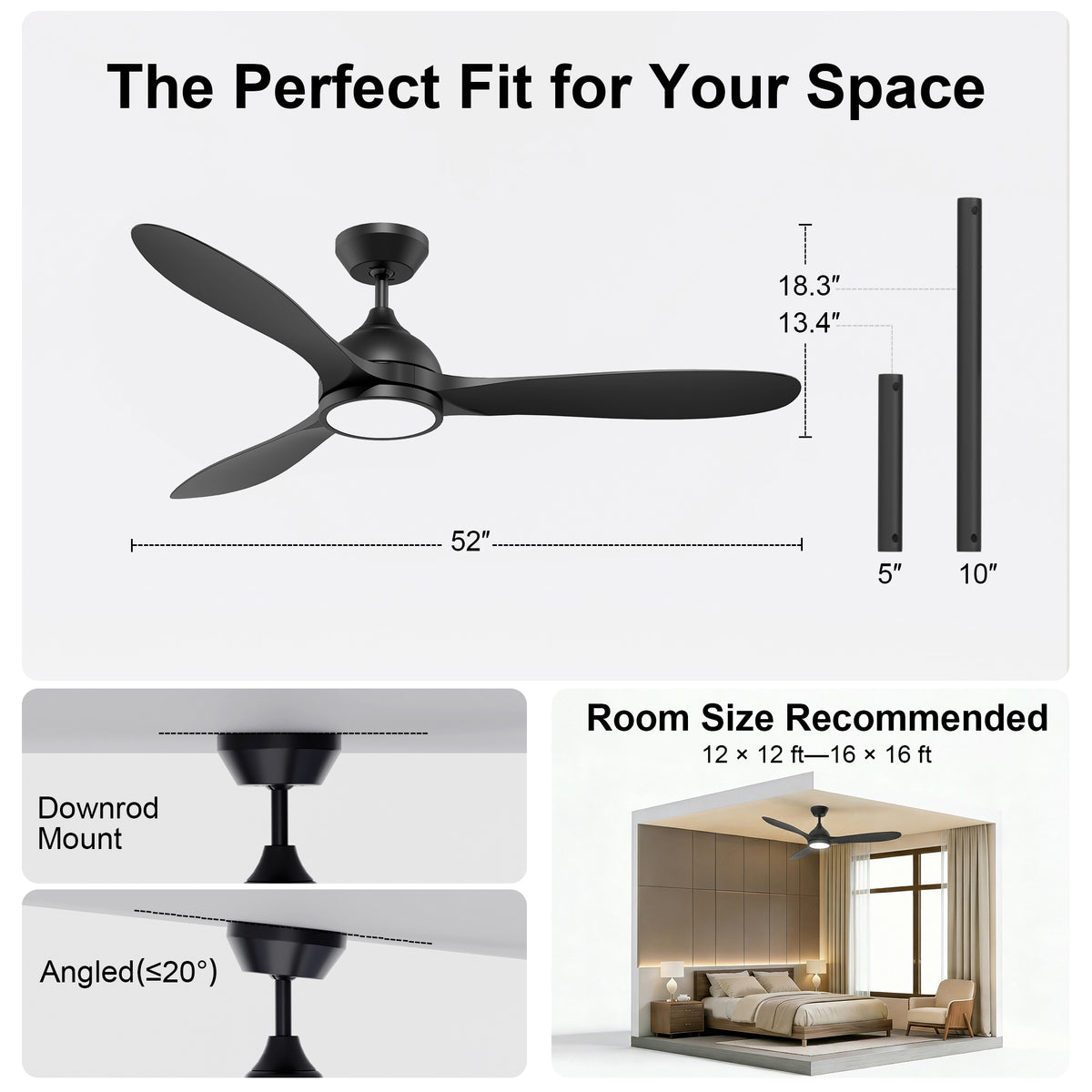 52-Inch Downrod Mount 3-Blade Ceiling Fan with Light and Remote Control