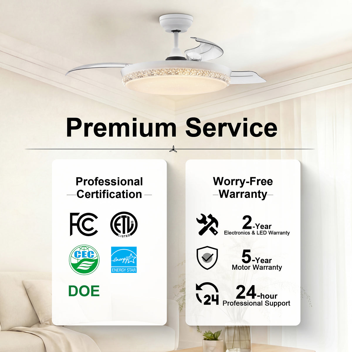 44-Inch Downrod Mount 4-Blade Retractable Ceiling Fan with Light and Remote Control