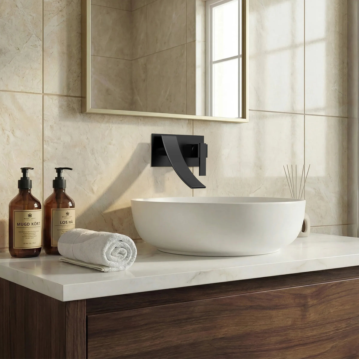 Single-Handle Wall-Mount Bathroom Sink Faucet With Waterfall Spout And Pop-Up Drain
