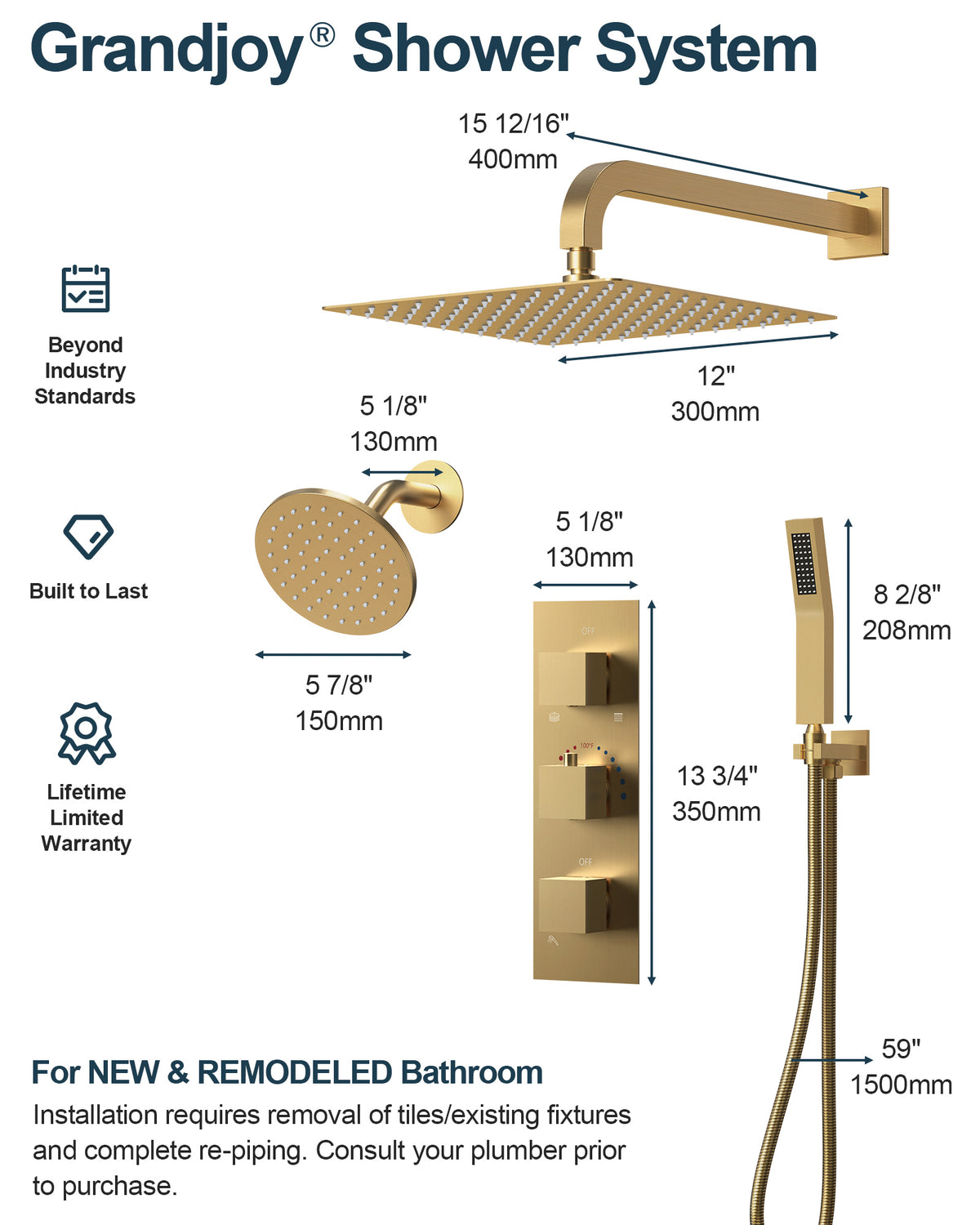 Wall-Mounted Thermostatic Dual Rainfall Shower System with Handheld Spray