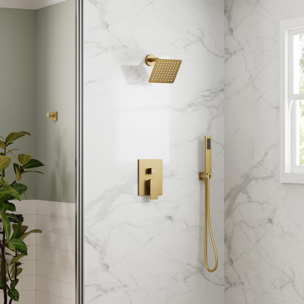Square Wall-Mounted Shower System with Adjustable Handheld Spray