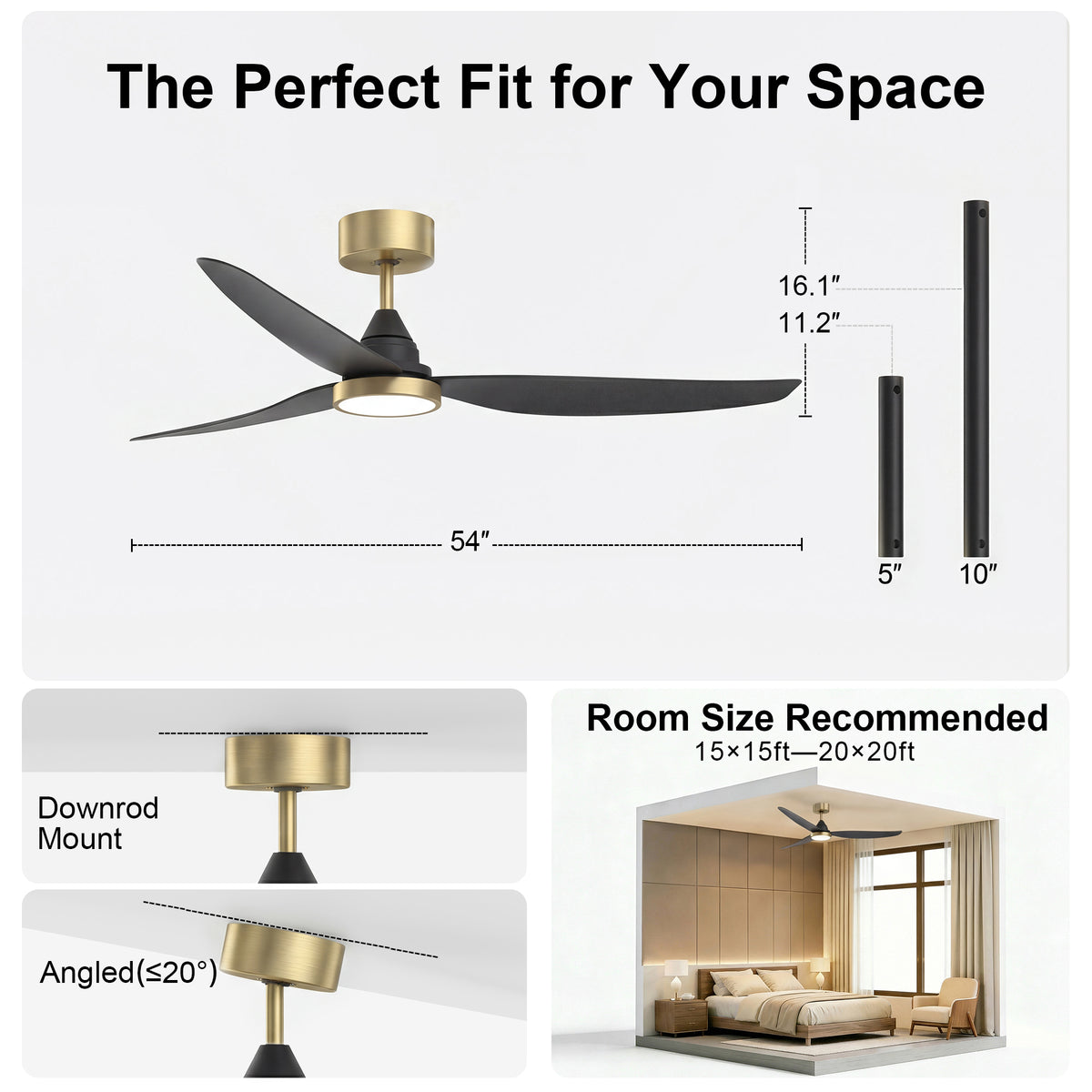 54-Inch Downrod Mount 3-Blade Ceiling Fan with Light and Remote Control