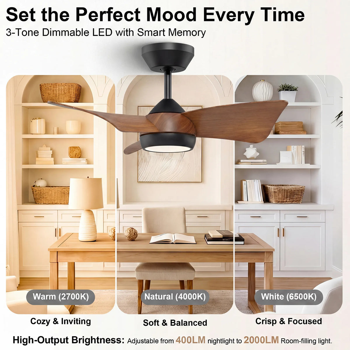 30-Inch Downrod Mount 3-Blade Ceiling Fan with Light and Remote Control