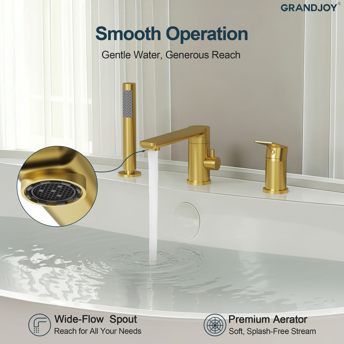 Low-Arc Deck-Mounted Bathtub Faucet with Hand Shower and Swivel Spout