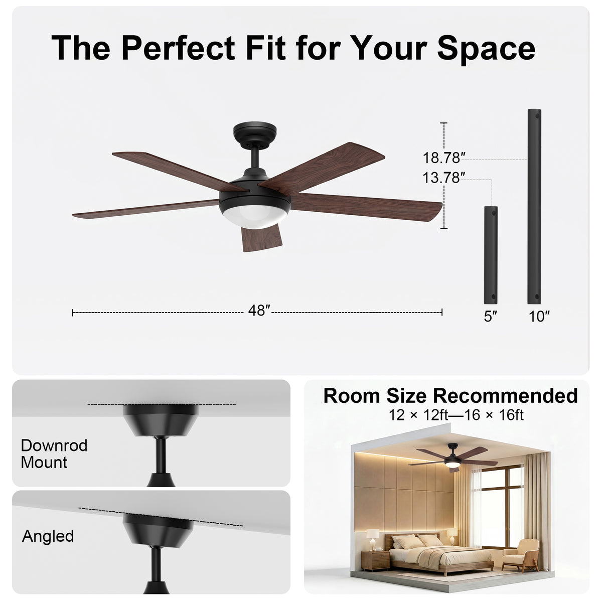 48-Inch Downrod Mount 5-Blade Ceiling Fan with Light and Smart Control