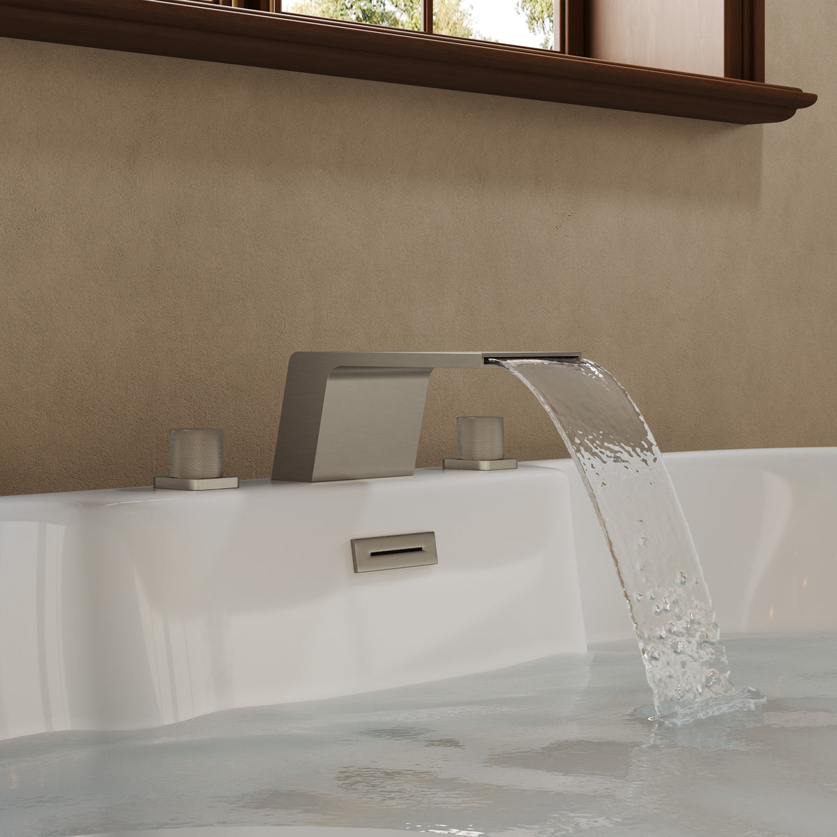 Deck-Mounted Waterfall Bathtub Faucet with Separate Hot and Cold Handles