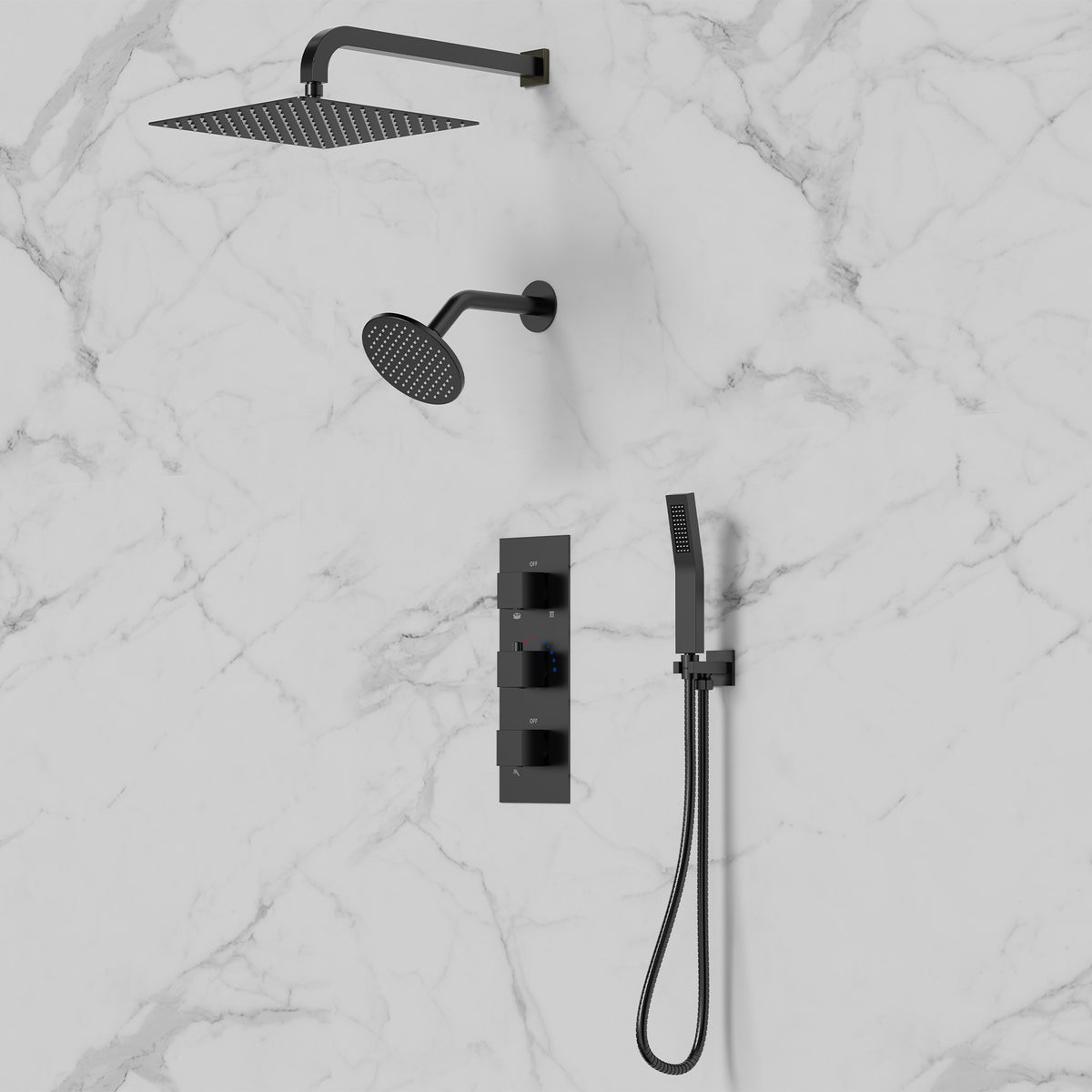 Wall-Mounted Thermostatic Dual Rainfall Shower System with Handheld Spray