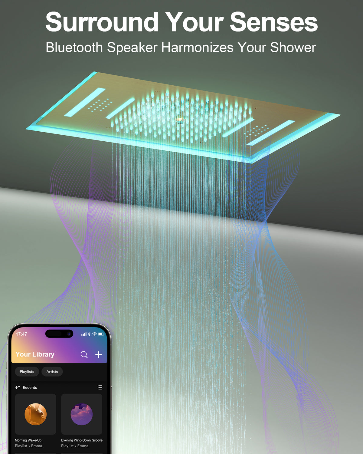 LED Bluetooth Ceiling-Mounted Thermostatic Shower System with Dual Heads