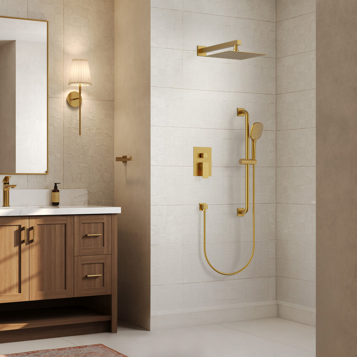 Square Wall-Mounted Shower System with Adjustable Slide Bar