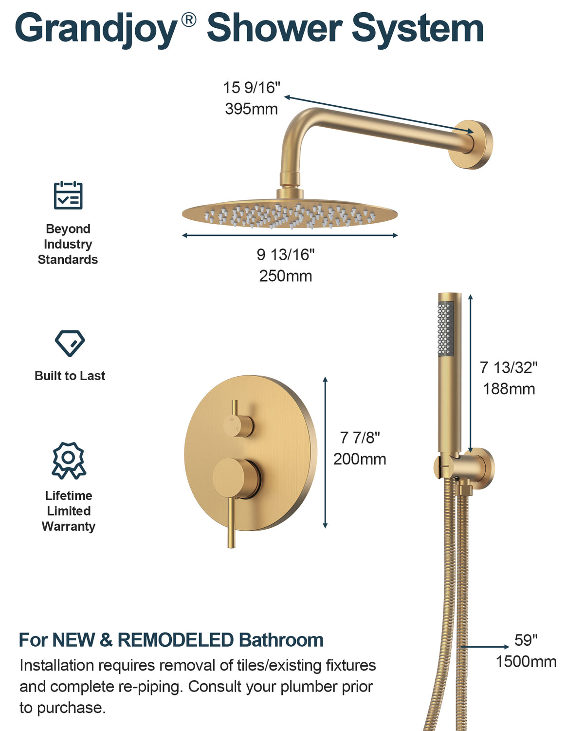 Round Wall-Mounted Shower System with Rainfall Head and Handheld