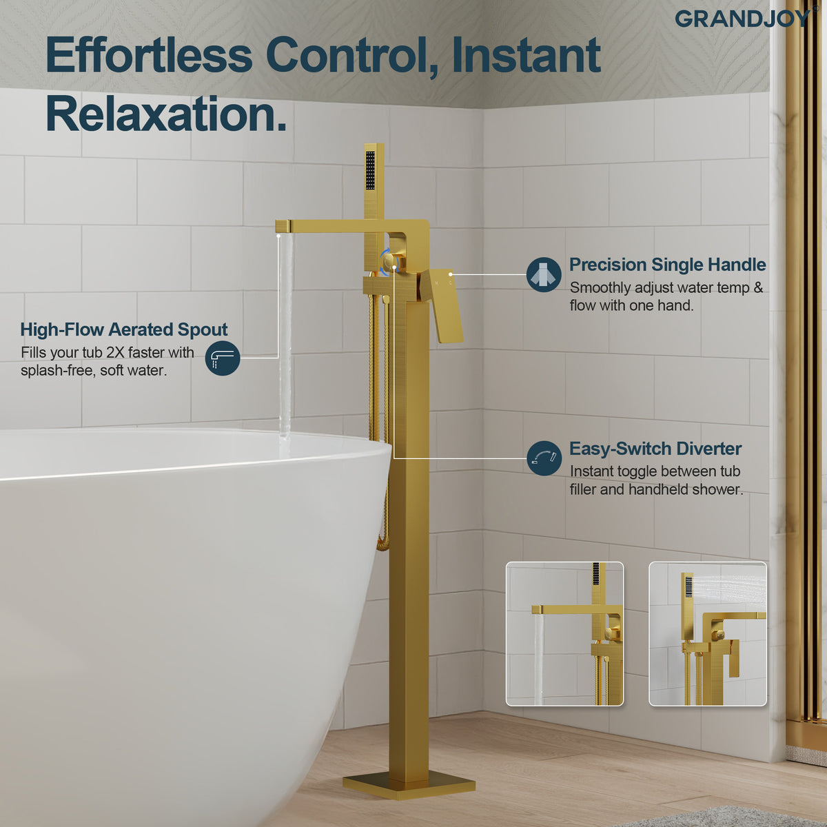 Square Floor-Mounted Bathtub Faucet with Hand Shower and Swivel Spout