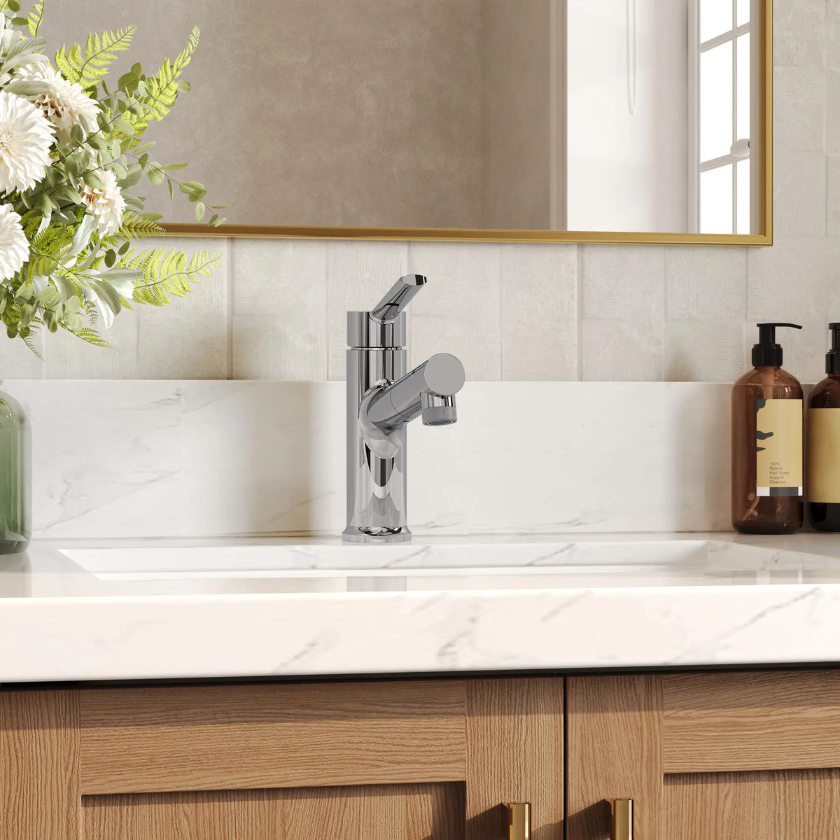Single-Handle Pull-Out Bathroom Sink Faucet With Dual Spray Modes And Pop-Up Drain