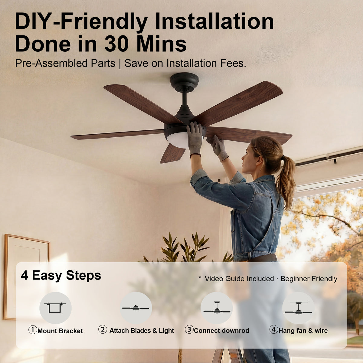 48-Inch Downrod Mount 5-Blade Ceiling Fan with Light and Smart Control