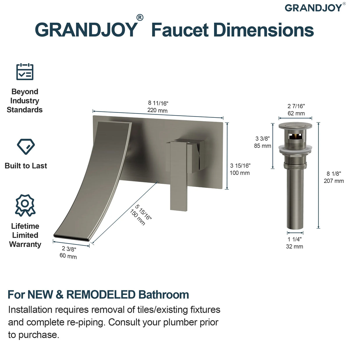 Single-Handle Wall-Mount Bathroom Sink Faucet With Waterfall Spout And Pop-Up Drain
