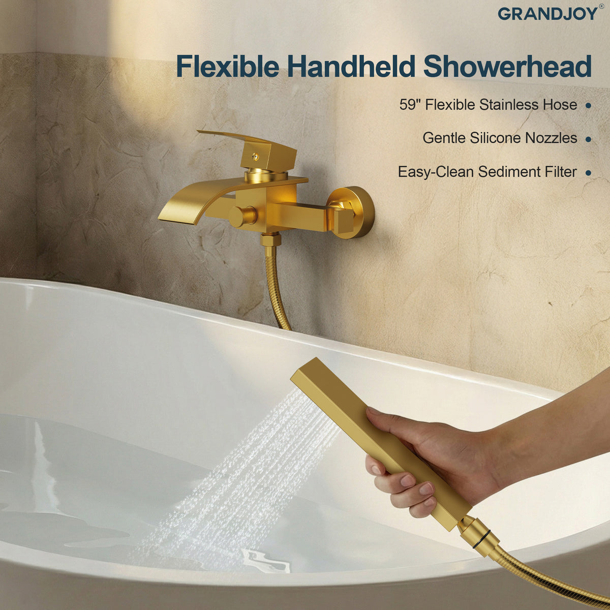 Wall-Mounted Waterfall Bathtub Faucet with Hand Shower and Single Handle