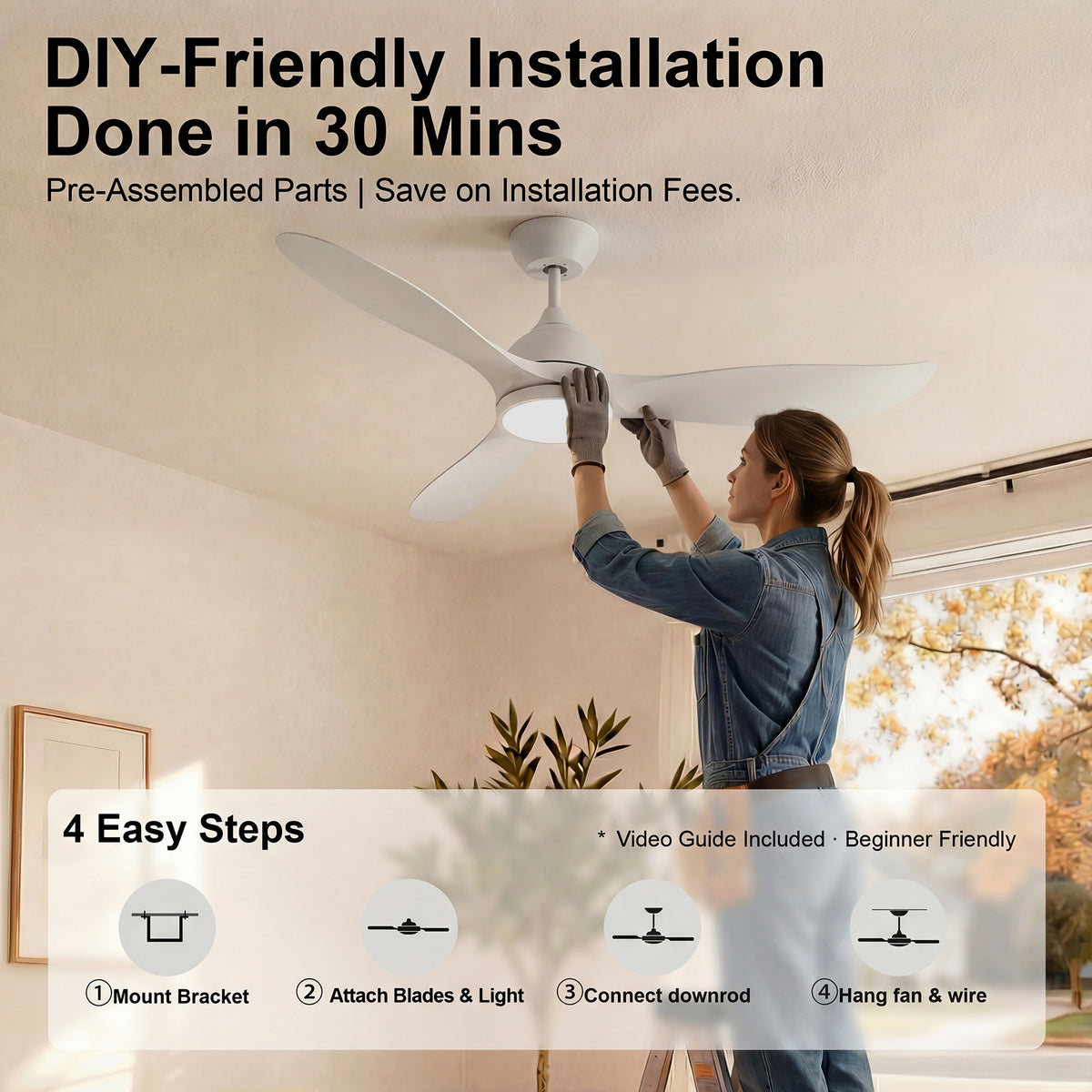 52-Inch Downrod Mount 3-Blade Ceiling Fan with Light and Remote Control