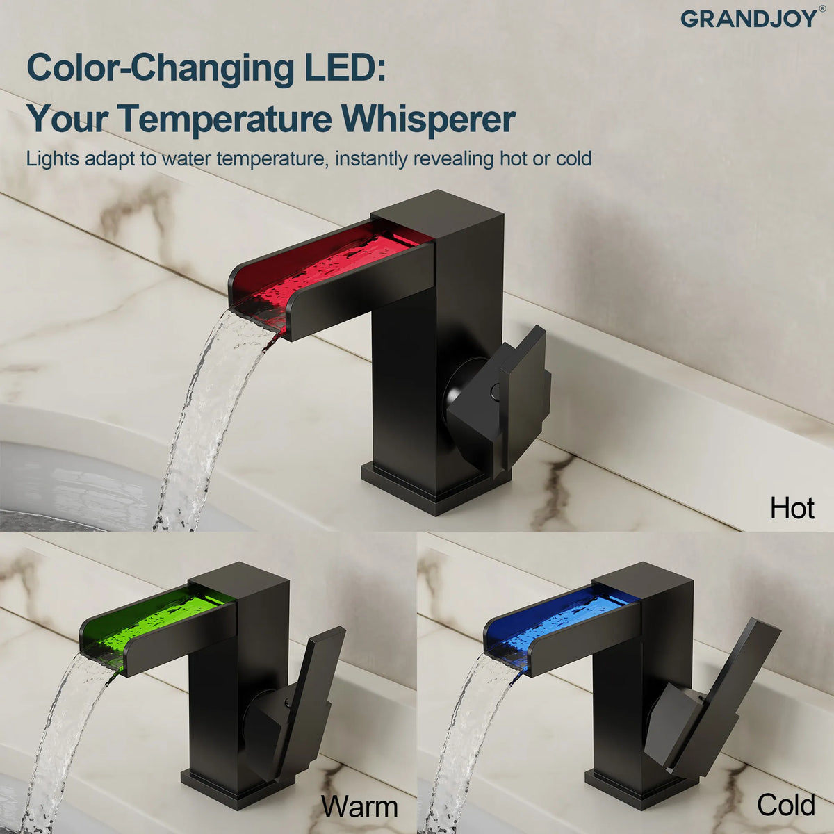 Single-Handle LED Waterfall Bathroom Sink Faucet With Pop-Up Drain