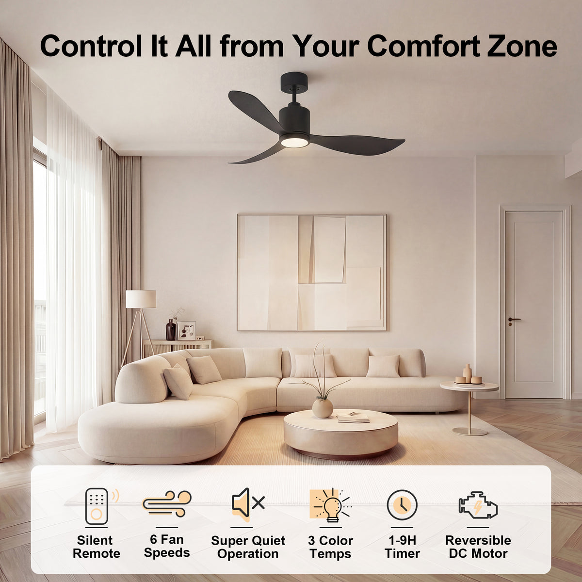 52-Inch Downrod Mount 3-Blade Ceiling Fan with Light and Remote Control