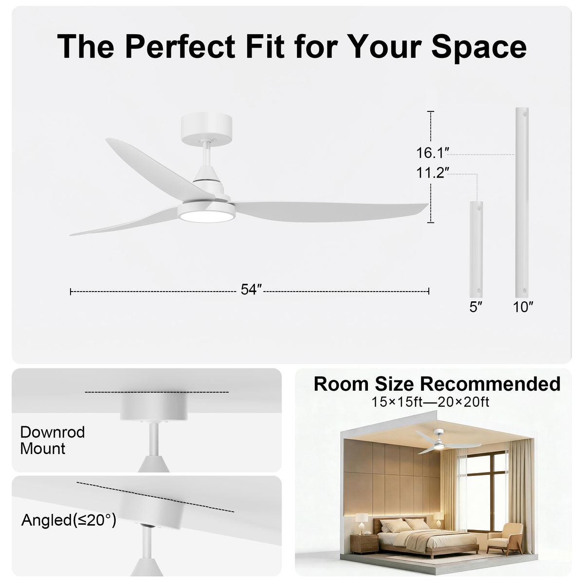 54-Inch Downrod Mount 3-Blade Ceiling Fan with Light and Remote Control