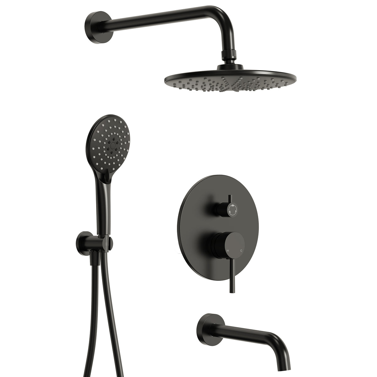 Round Wall-Mounted Shower System with Handheld and Tub Spout