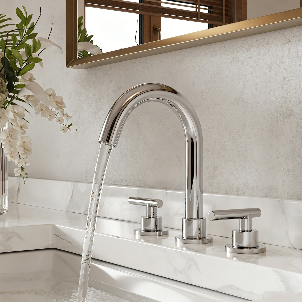 Two-Handle Mid Arc Widespread Bathroom Sink Faucet With Pop-Up Drain