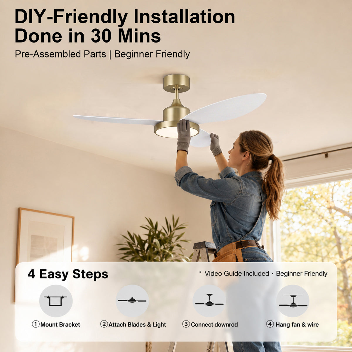 42-Inch Downrod Mount 3-Blade Ceiling Fan with Light and Remote Control