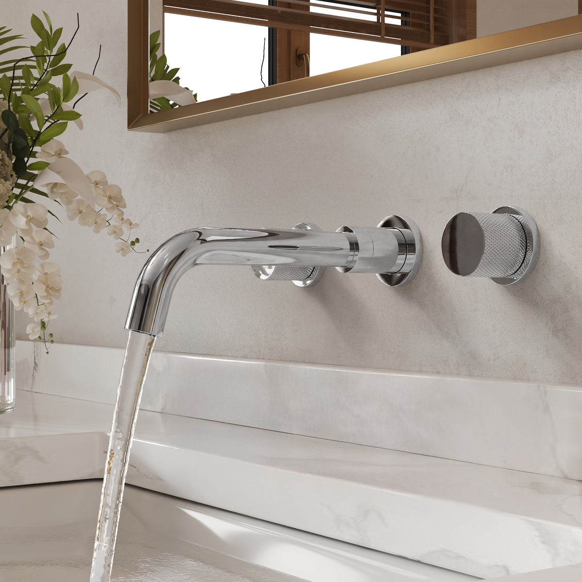 Two-Handle Wall-Mount Bathroom Sink Faucet With Pop-Up Drain