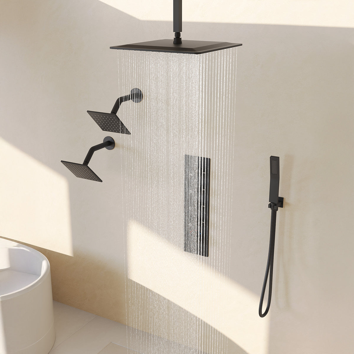 Ceiling-Mounted Triple-Head Shower System with Adjustable Handheld Spray