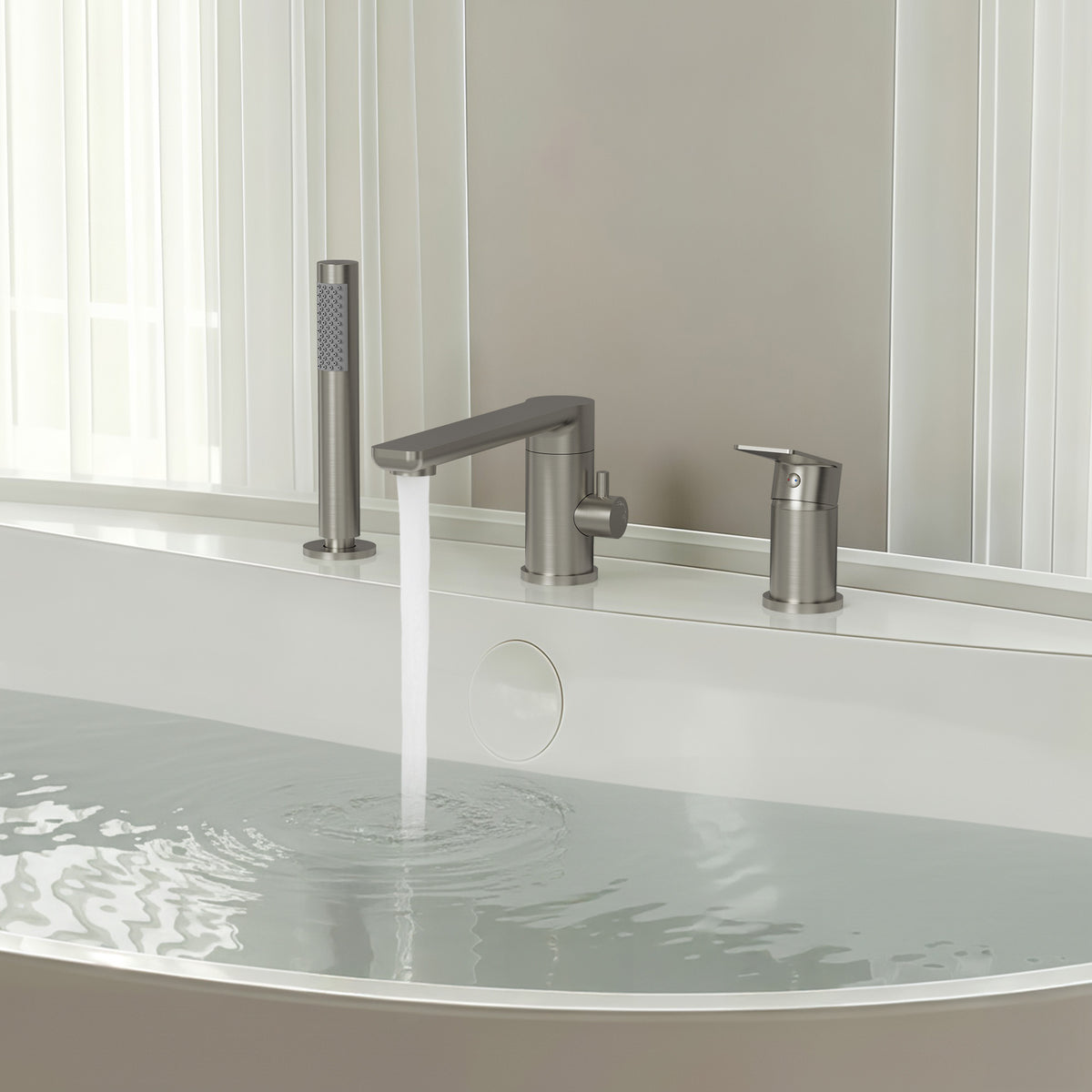 Low-Arc Deck-Mounted Bathtub Faucet with Hand Shower and Swivel Spout