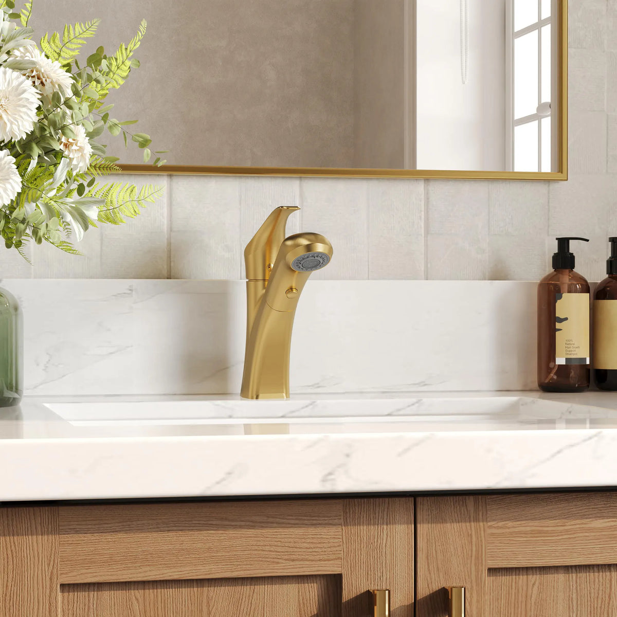 Single-Handle Pull-Out Bathroom Sink Faucet With Dual Spray Modes And Pop-Up Drain