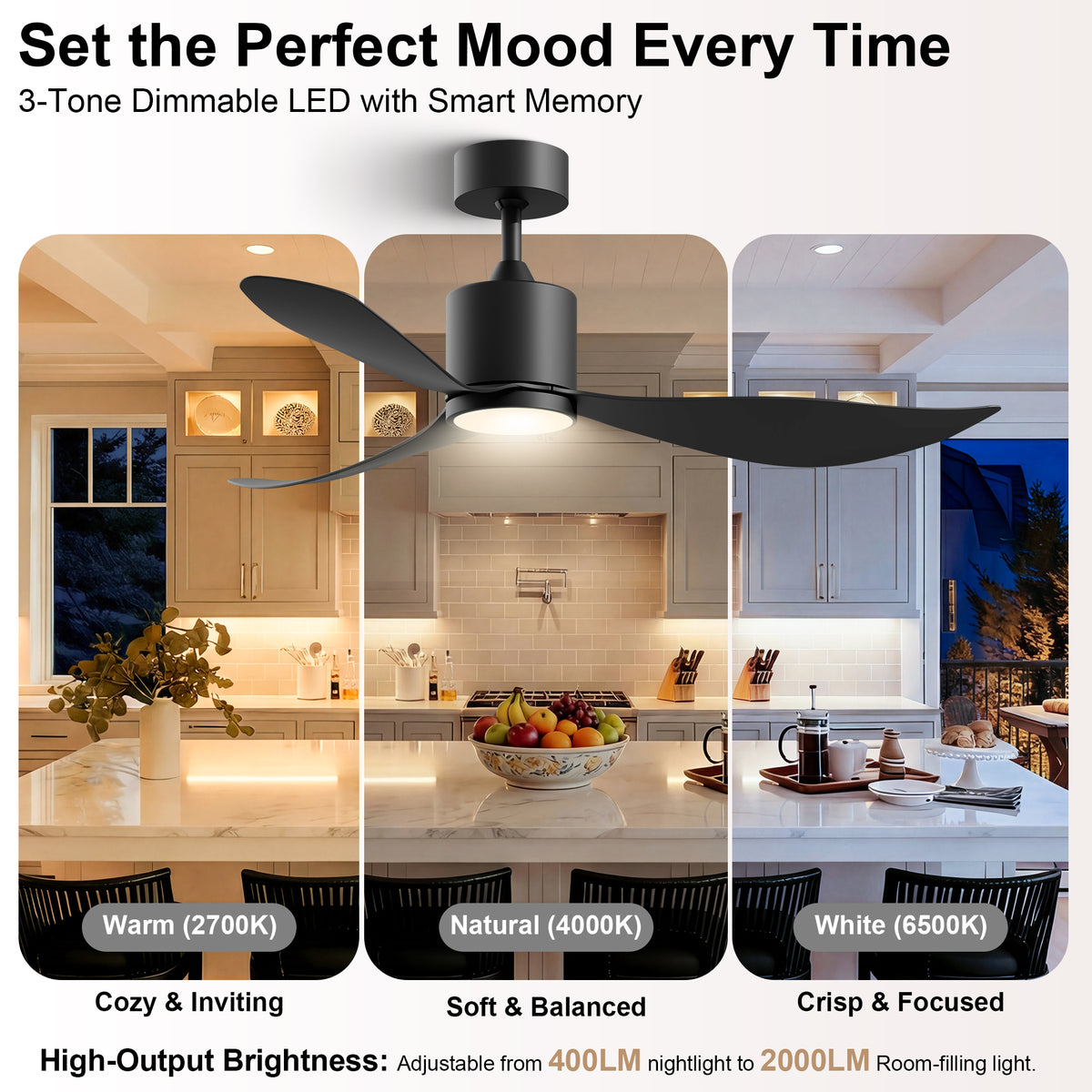 52-Inch Downrod Mount 3-Blade Ceiling Fan with Light and Remote Control