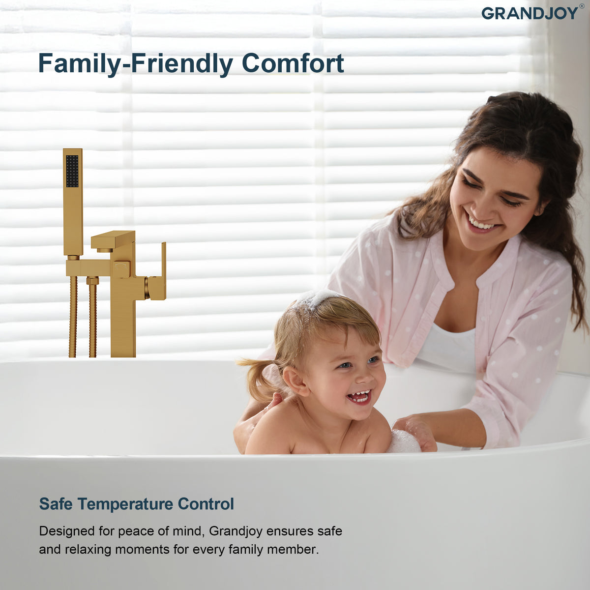 Freestanding Floor-Mounted Bathtub Faucet with Hand Shower and Swivel Spout