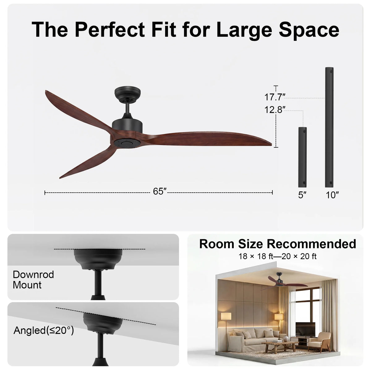 65-Inch Downrod Mount 3-Blade Ceiling Fan without Light