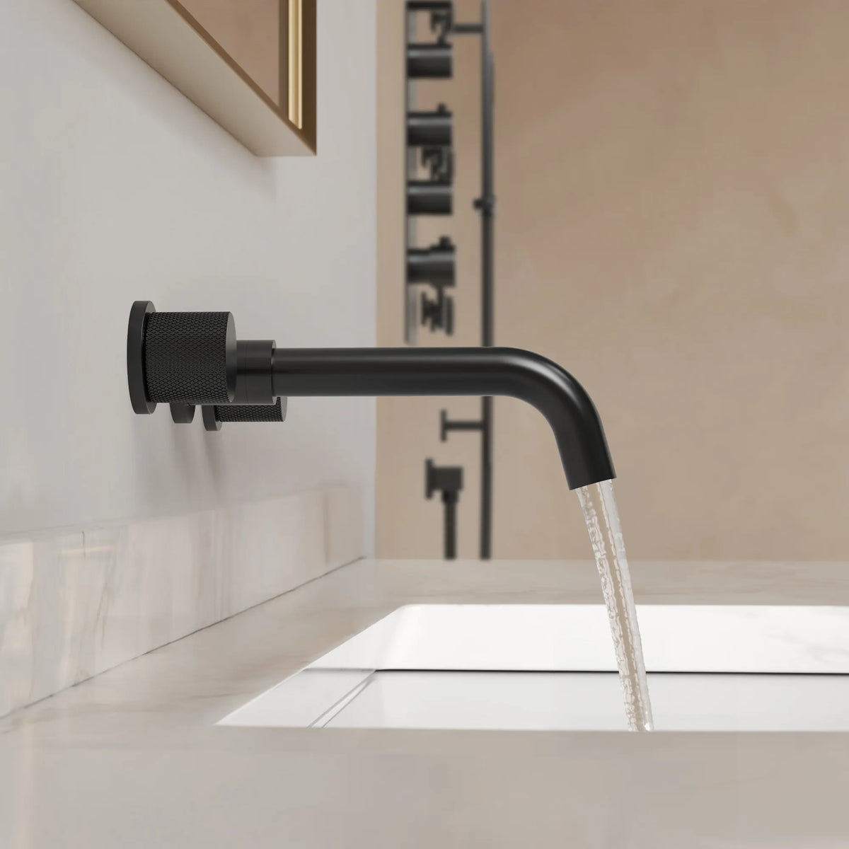 Two-Handle Wall-Mount Bathroom Sink Faucet With Pop-Up Drain