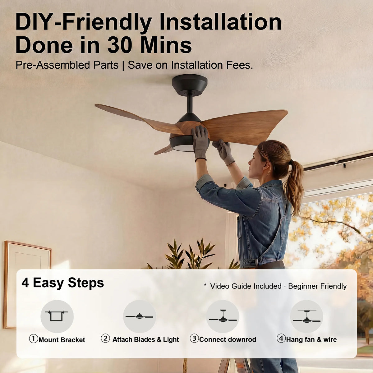 30-Inch Downrod Mount 3-Blade Ceiling Fan with Light and Remote Control