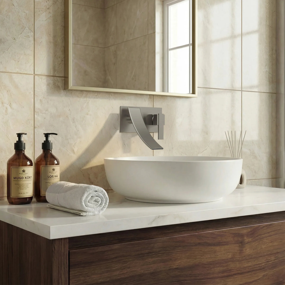Single-Handle Wall-Mount Bathroom Sink Faucet With Waterfall Spout And Pop-Up Drain