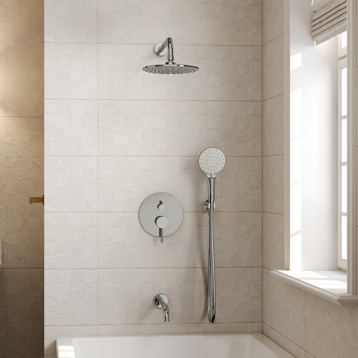 Round Wall-Mounted Shower System with Handheld and Tub Spout
